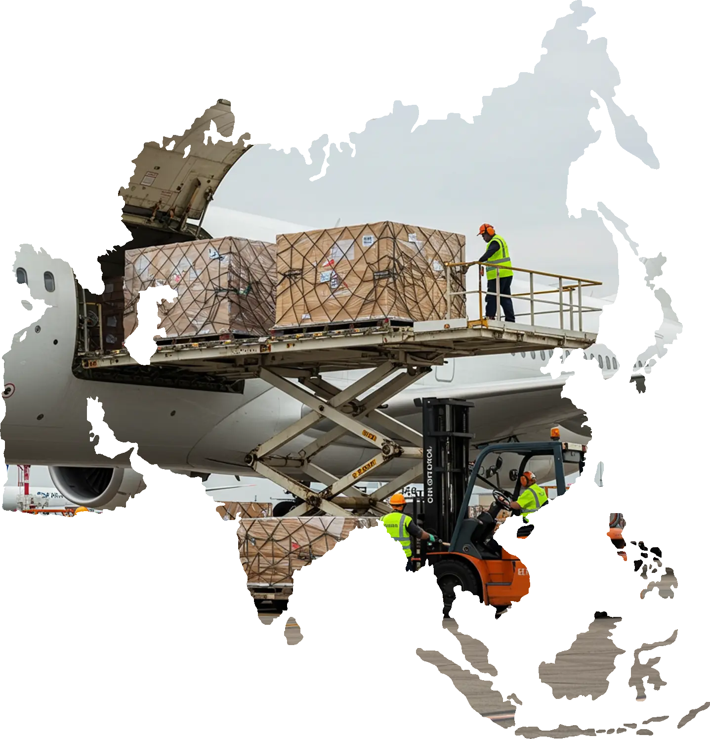 Workers loading palletised cargo onto aircraft with forklift and scissor lift